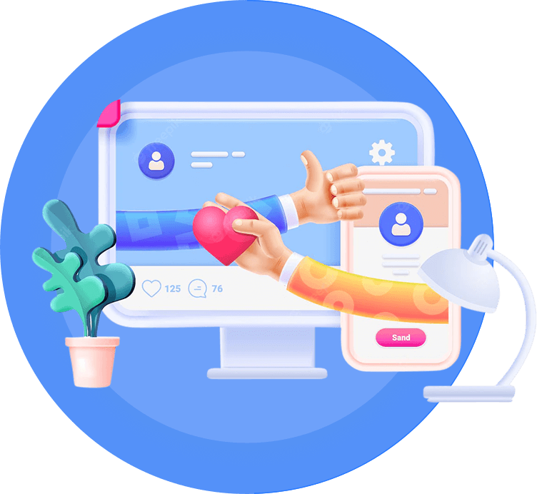 Digital marketing concept with computer, phone, and interactive elements