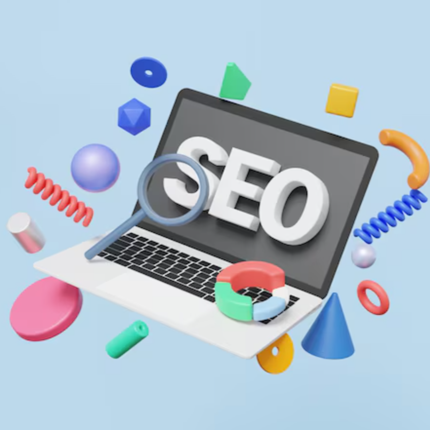 SEO Concept with laptop and abstract shapes by Moonlane Media